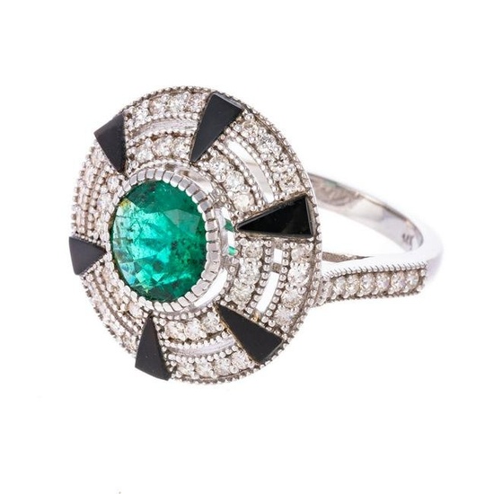 An Emerald, Diamond & Onyx Ring in 14K