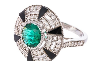 An Emerald, Diamond & Onyx Ring in 14K