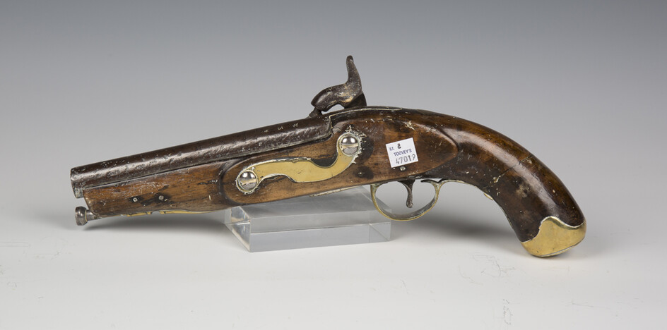 An early 19th century percussion pistol, barrel length 22.5cm, full-stocked with brass furniture (ov