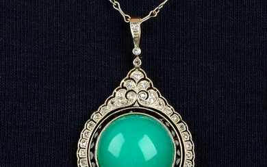An early 20th century platinum and 18ct gold chalcedony, sapphire and diamond pendant, with chain.