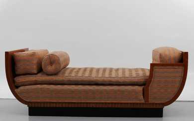 An elegant Art Deco-period burr-walnut veneered and ebonized wood daybed. Mattress and matching cus