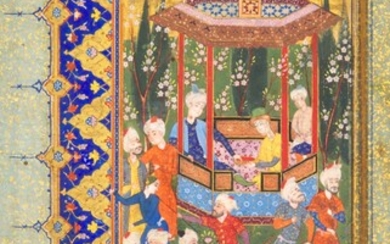 An illustrated and illuminated album page: Preparations for a Feast in a Garden, Persia, Shiraz, Safavid, mid-16th century