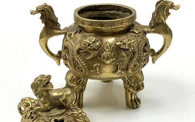 Ancient Bronze Handmade Incense Burner With Dragon Statues And Lion Lid