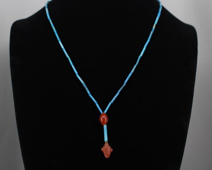 Ancient Egyptian Faience Necklace (54.0 cm) with Carnelian Heart Amulet 1.5 cm - (1)