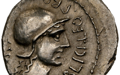 Ancients: , Cnaeus Pompeius Junior (46-45 BC). AR denarius (19mm, 3.92 gm, 6h). NGC Choice AU 4/5 - 4/5....