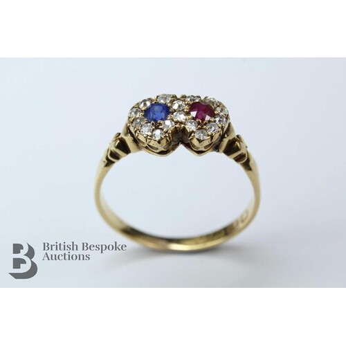 Antique 18ct yellow gold, ruby, sapphire and diamond ring, t...