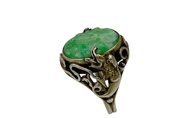 Antique Chinese Jade Dragon Ring Carved Flower Silver