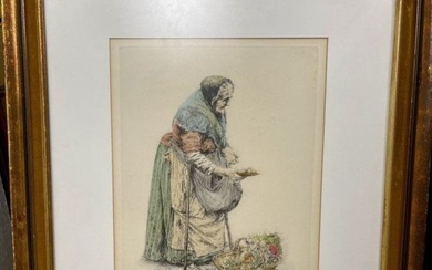 Antique Etching Engraving by Prof. Paul Geissler Color Engraving Pencil Signed