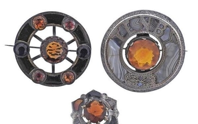 Antique Scottish Agate Silver Citrine Brooch Lot of 3