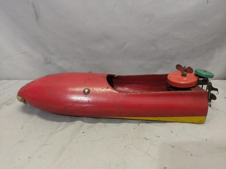 Antique Spiffy Wood Boat w/ Wind Up Outboard Motor