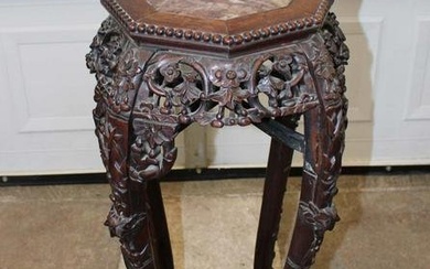 Antique carved Asian hardwood marble top plant stand