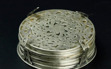 Antique sterling silver overlay set of 7 glass coasters and holder. marked "sterling"