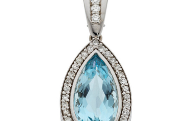 Aquamarine, Diamond, White Gold Pendant Stones: Pear-shaped aquamarine weighing...