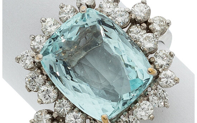 Aquamarine, Diamond, White Gold Ring Stones: Cushion-shaped aquamarine weighing...