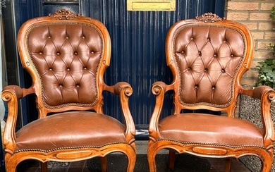 Armchair (2) - French Louis XV style -Carved ,Brown Leather Button Back Armchair - Leather, Wood