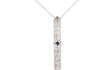 Art Deco 14 kt White Gold Filigree Necklace with Blue