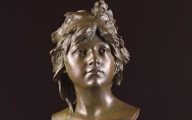 Art Deco bronze sculpture bust, young girl with a headdress decorated with a rose, by Henri Jacobs - (1)