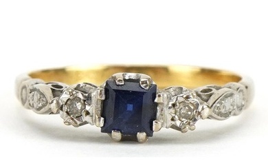 Art Deco style 18ct gold sapphire and diamond three stone ri...