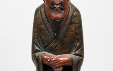 Asian Elder Polychromed & Carved Wood Sculpture