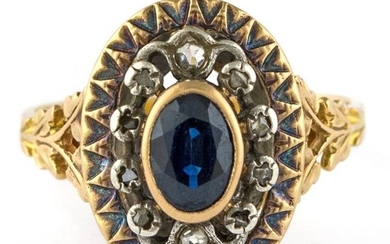 Authentic Antique - 18 kt. Silver, Yellow gold - Ring Sapphire - Diamonds