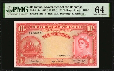 BAHAMAS. Government of the Bahamas. 10 Shillings, 1936 (ND 1954). P-14b. PMG Choice Uncirculated 64.