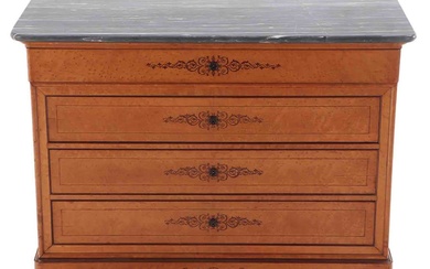 BIRDSEYE MAPLE CHARLES X MARBLE TOP COMMODE WITH INLAY.