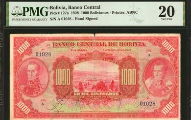 BOLIVIA. El Banco Central de Bolivia. 1000 Bolivianos, 1928. P-127a. PMG Very Fine 20.