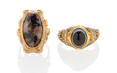 Banded Agate Victorian Ring and Moss Agate Ring