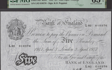 Bank of England, Kenneth O. Peppiatt, £5, 3 April 1947, serial number...