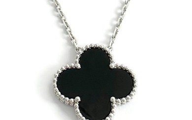 Black Onyx Clover Pendant Necklace 18K White Gold, 7.66 Grams