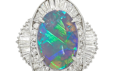 Black Opal, Diamond, Platinum Ring Stones: Black opal cabochon...