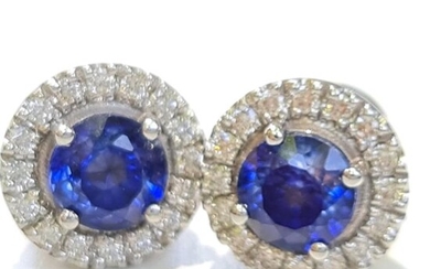 Blue Sapphire Earrings - 14 kt. White gold - Earrings - 1.00 ct Sapphire - 0.20 ct Diamonds D/VS