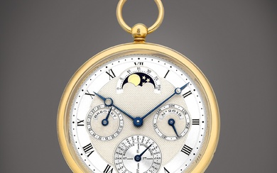 Breguet A yellow gold perpetual calendar open face keyless watch with French day, date, moon phases and leap year indication, Circa 2000 | 寶璣 | 黃金萬年曆懷錶，備日期、法文星期、月相及閏年顯示，約2000年製