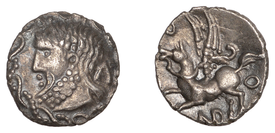 British Iron Age, CATUVELLAUNI, Andoco (20 - 1 BC), silver Unit, bearded...
