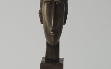 Bronze sculpture on stone base, Female bust after Modigliani, 21st century, h. 23 cm.