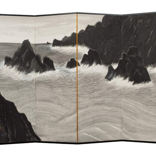 Byobu, Screen, Room divider - Paper, Wood, Sumi & Gold-leaf - Kadô 賀堂 - Large 6-panel room divider with a painting of the sea at the cape Shimokita Peninsula, signed&sealed - Japan - Shōwa period (1926-1989)