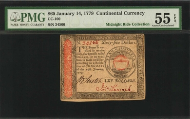CC-100. Continental Currency. January 14, 1779. $65. PMG About Uncirculated 55 EPQ.