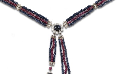 CHIEN NECKLACE IN GOLD, PLATINUM, DIAMONDS, RUBIES AND SAPPHIRES