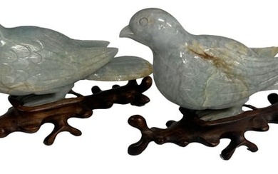 CHINESE CARVED PAIR OF JADE BIRDS W/ STANDS