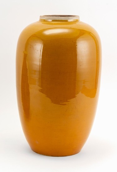 CHINESE MUSTARD YELLOW GLAZE PORCELAIN JAR In seed form. No cover. Drilled. Height 14".