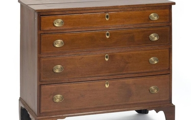CHIPPENDALE FOUR-DRAWER CHEST In mahogany and mahogany veneer. Four full-width graduated drawers with oval brass bail pulls. High fl...