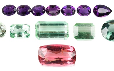 COLLECTION OF THIRTEEN LOOSE STONES, INCLUDING SEVEN AMETHYSTS, A CUSHION CUT PINK TOURMALINE, AND FIVE GREEN TOURMALINES