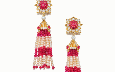 Cartier Pair of Ruby, Seed Pearl and Diamond Earclips