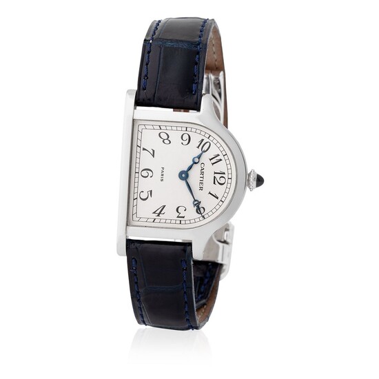 Cartier Paris. Unique Piece and Highly Attractive Cloche Wristwatch in Platinum, With Arabic Numerals and Box and Tag