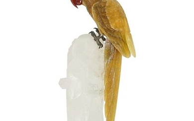 Carved Amber Parrot On Clear Quartz