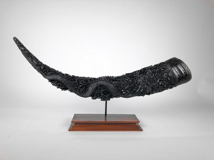Carved Water Buffalo horn on custom stand - Double