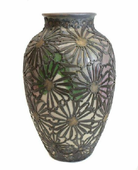 Ceramic Art Nouveau Floral Vase with Pewter Overlay