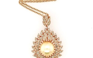 Certified - 14 kt. Pink gold - Necklace with pendant - 2.72 ct Diamond - Pearls, South Sea