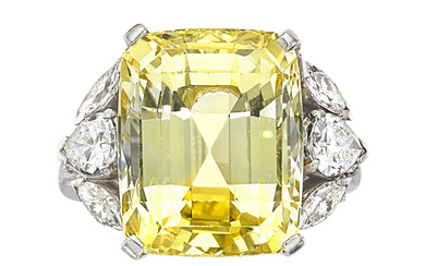 Ceylon Yellow Sapphire, Diamond, Platinum Ring Stones: Cushion-shaped yellow...