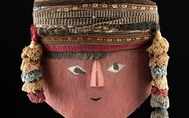 Chancay Painted Wood Mask w/ Textile Headdress